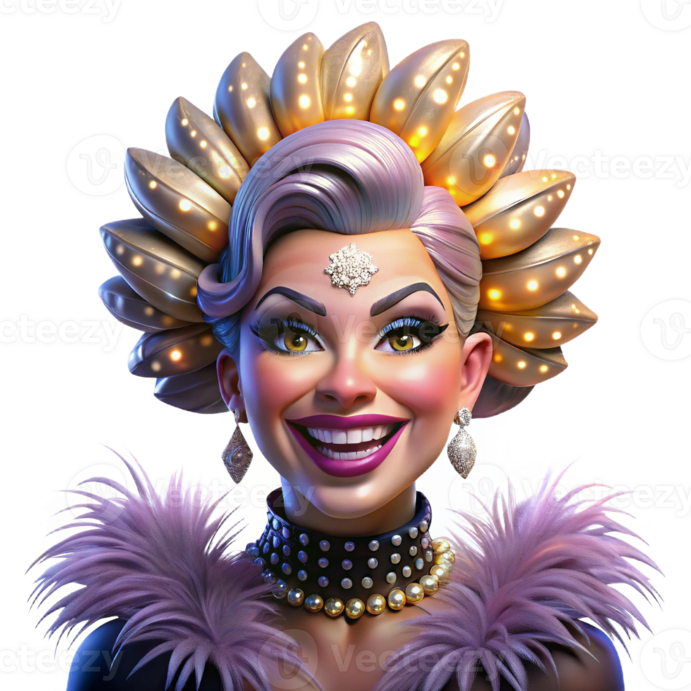 vibrant minimalist Portrait of a glamorous drag queen with extravagant makeup, a feathered headdress, and a dazzling smile, lit by stage lights 4K png