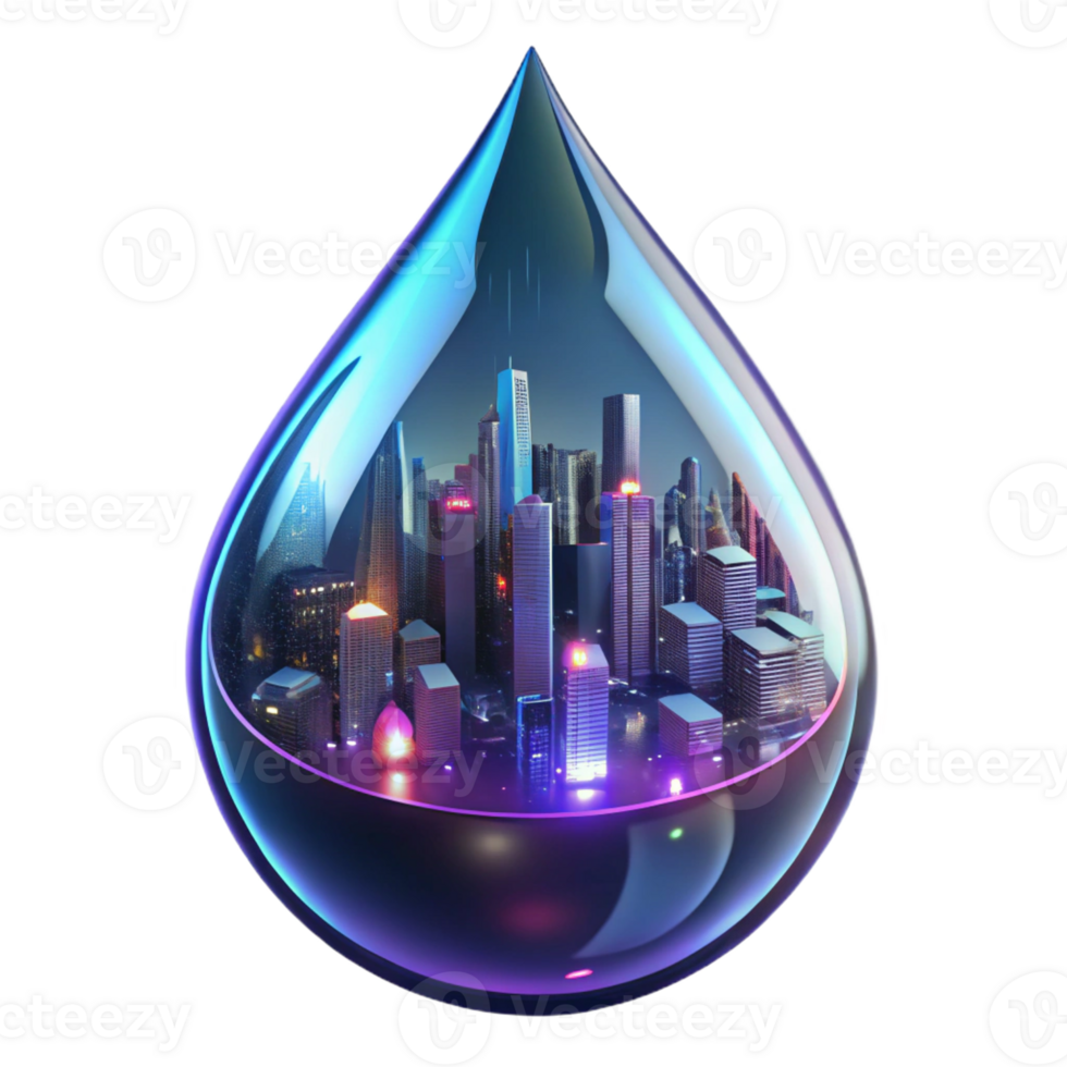 extraordinary rustic A futuristic cityscape reflected in a raindrop on a window, neon lights and blurred reflections, cyberpunk style high quality png