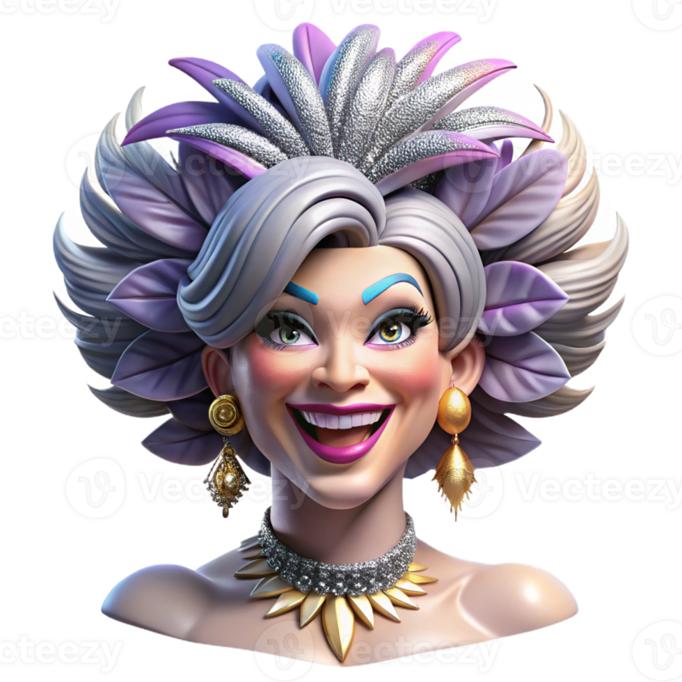 dramatic traditional Portrait of a glamorous drag queen with extravagant makeup, a feathered headdress, and a dazzling smile, lit by stage lights detailed png