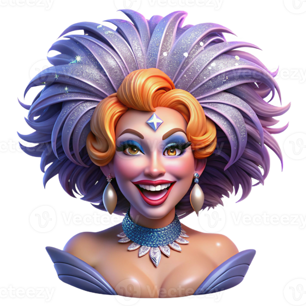 beautiful rustic Portrait of a glamorous drag queen with extravagant makeup, a feathered headdress, and a dazzling smile, lit by stage lights professional png