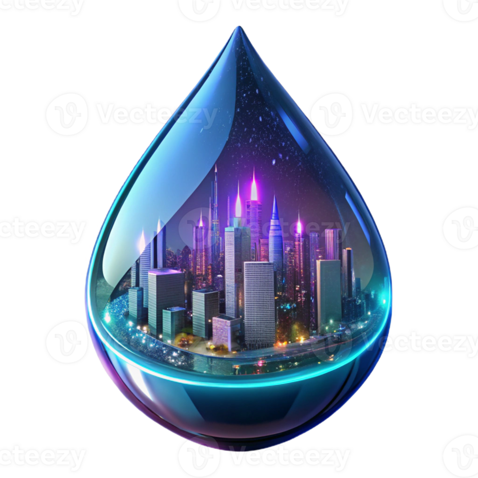 beautiful contemporary A futuristic cityscape reflected in a raindrop on a window, neon lights and blurred reflections, cyberpunk style high resolution png