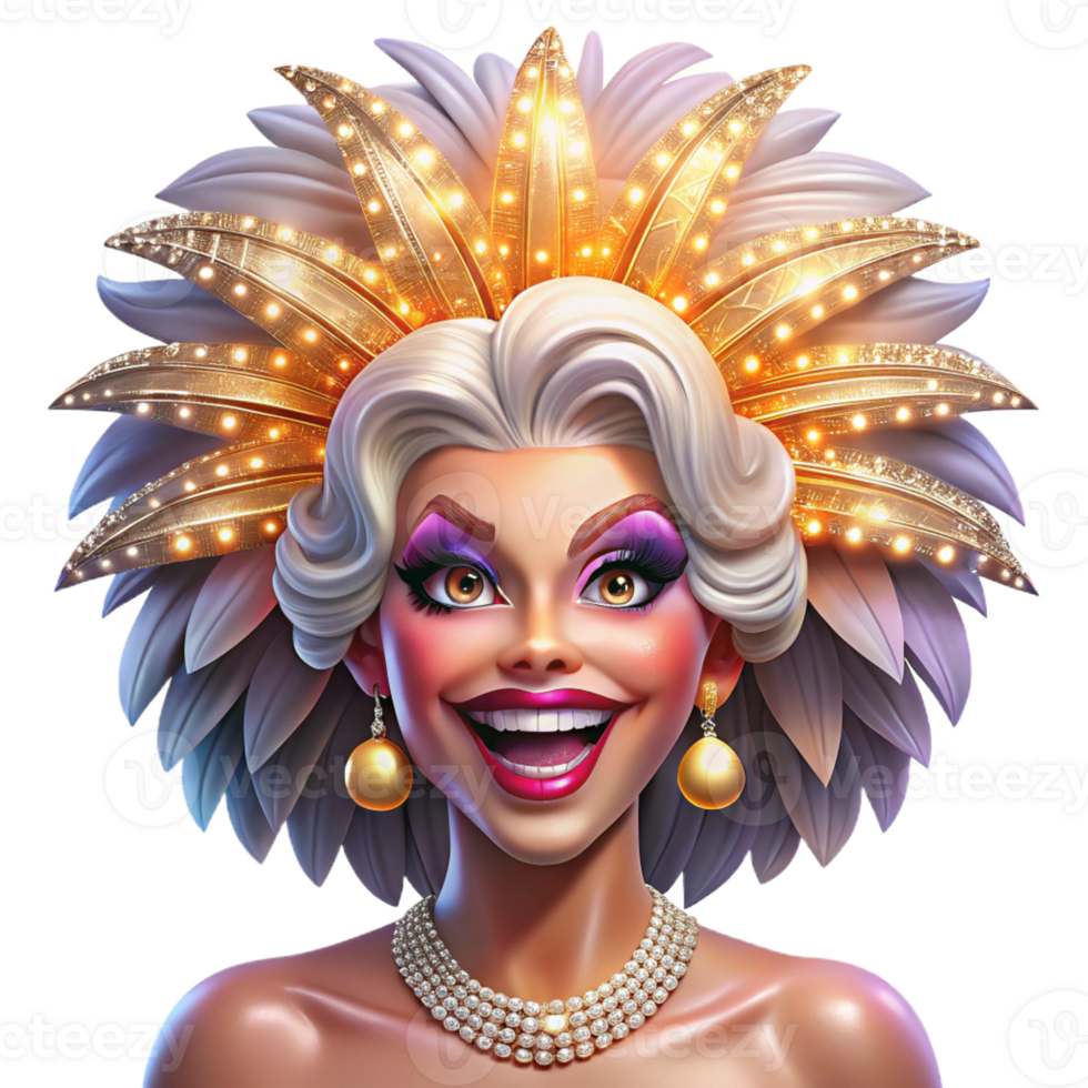 impressive modern Portrait of a glamorous drag queen with extravagant makeup, a feathered headdress, and a dazzling smile, lit by stage lights high resolution png