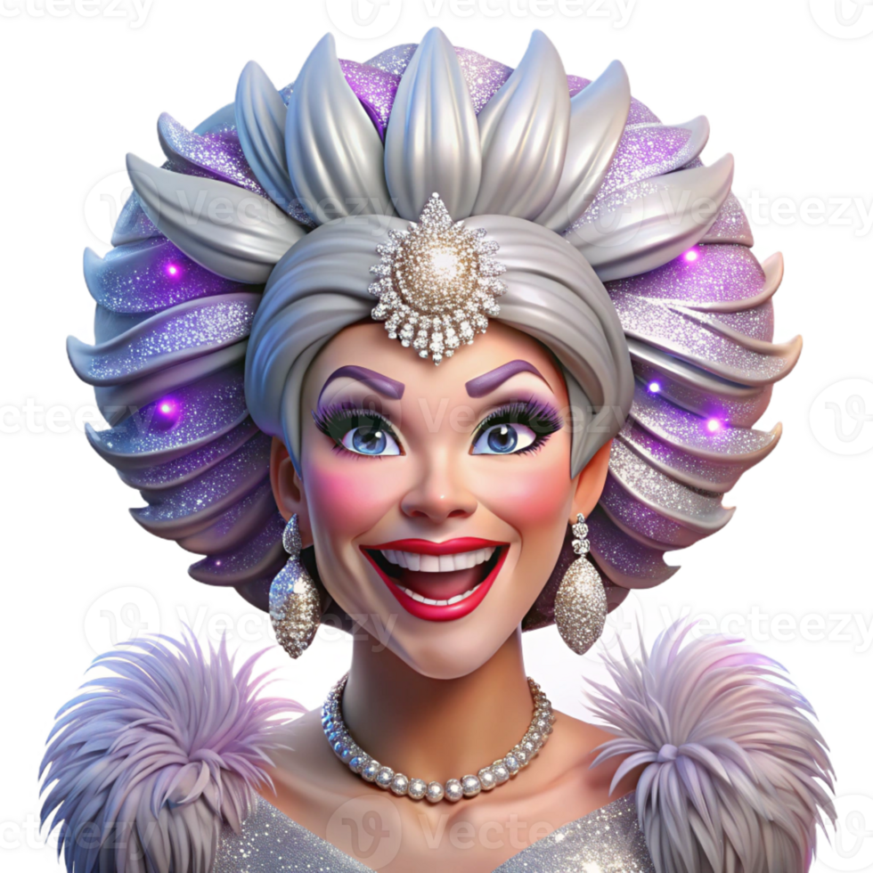 beautiful classic Portrait of a glamorous drag queen with extravagant makeup, a feathered headdress, and a dazzling smile, lit by stage lights 4K png