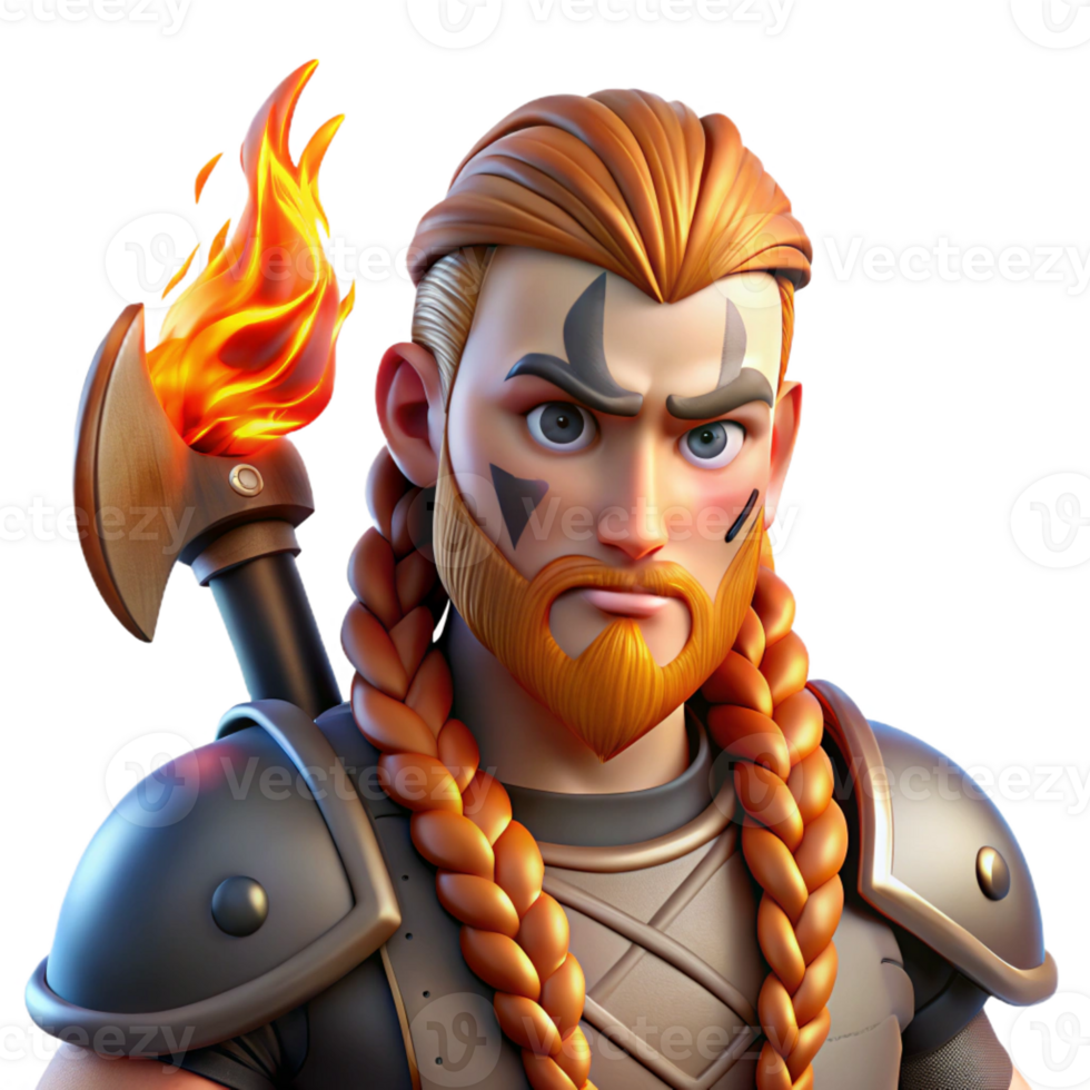 stunning vintage Portrait of a fierce Viking warrior with braided hair, war paint, and a battle axe, lit by the flickering flames of a longship high resolution png