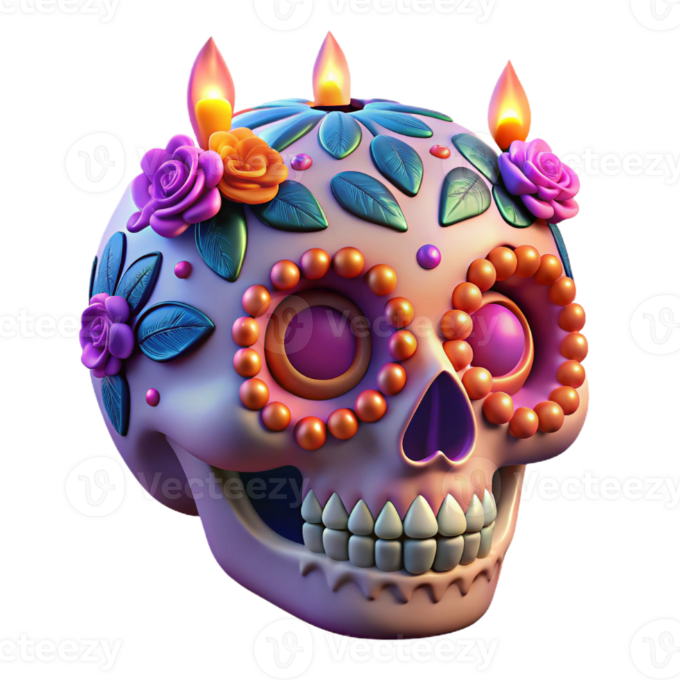 magnificent traditional Portrait of a vibrant sugar skull with intricate floral designs and vibrant colors, lit by flickering candles in a Day of the Dead celebration professional png