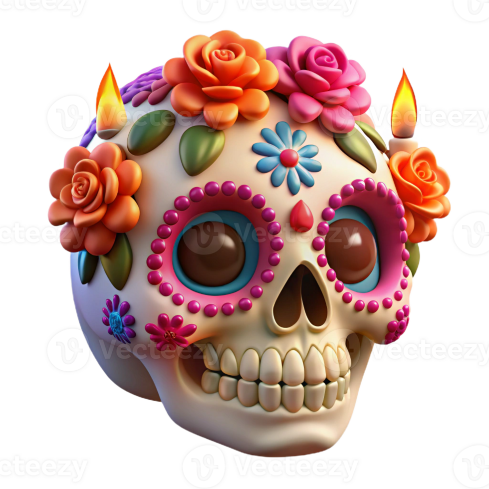 wonderful modern Portrait of a vibrant sugar skull with intricate floral designs and vibrant colors, lit by flickering candles in a Day of the Dead celebration high resolution png