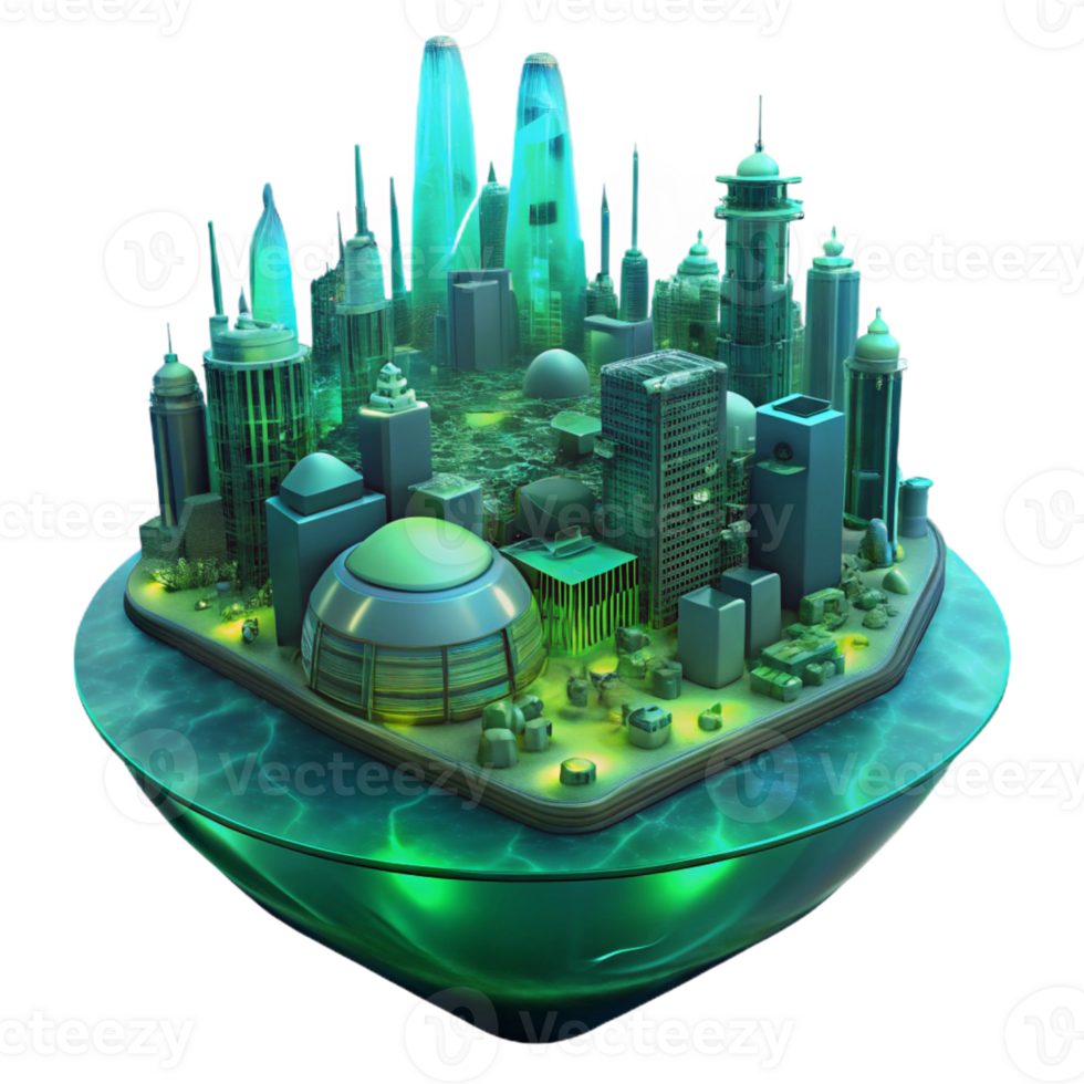 elegant vintage A futuristic city submerged underwater, eerie green light, dystopian style high quality png