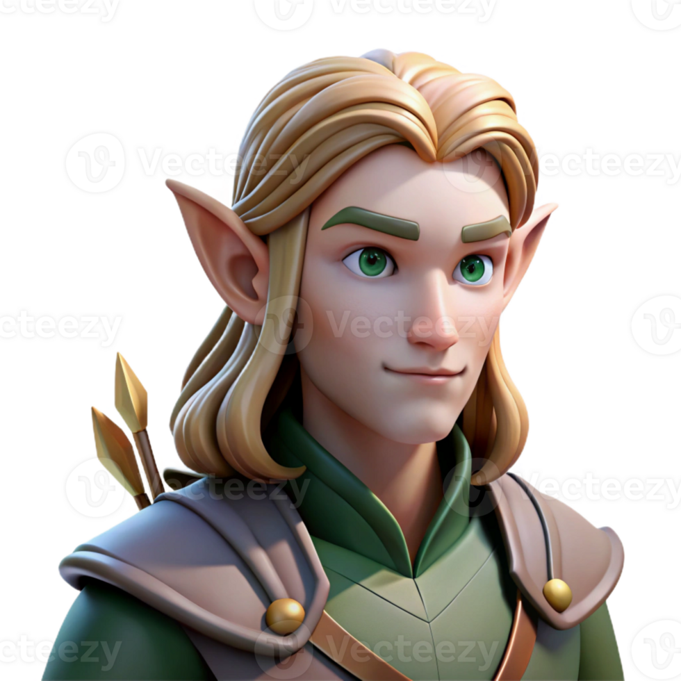 stunning modern Portrait of a noble elf archer with pointed ears, long hair, and a focused gaze, lit by dappled sunlight in a forest detailed png