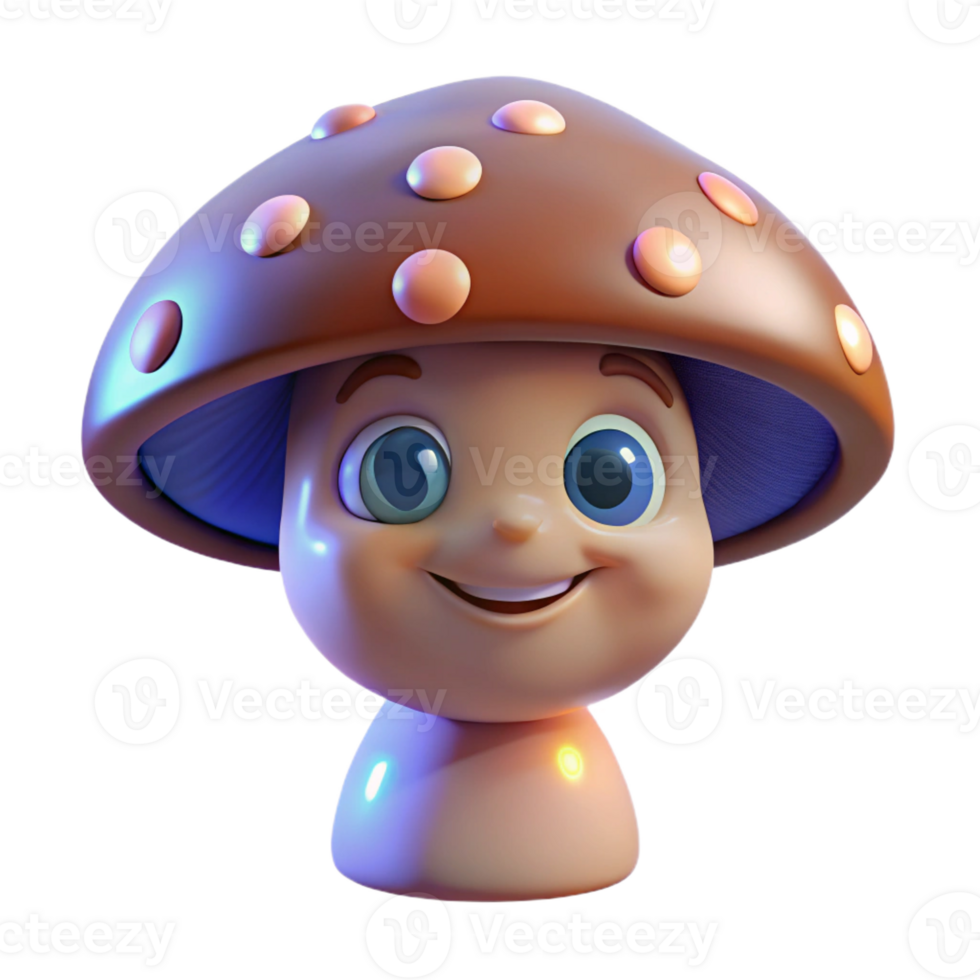 beautiful rustic Portrait of a whimsical mushroom creature with glowing caps, curious eyes, and a friendly smile, lit by bioluminescent fungi high quality png