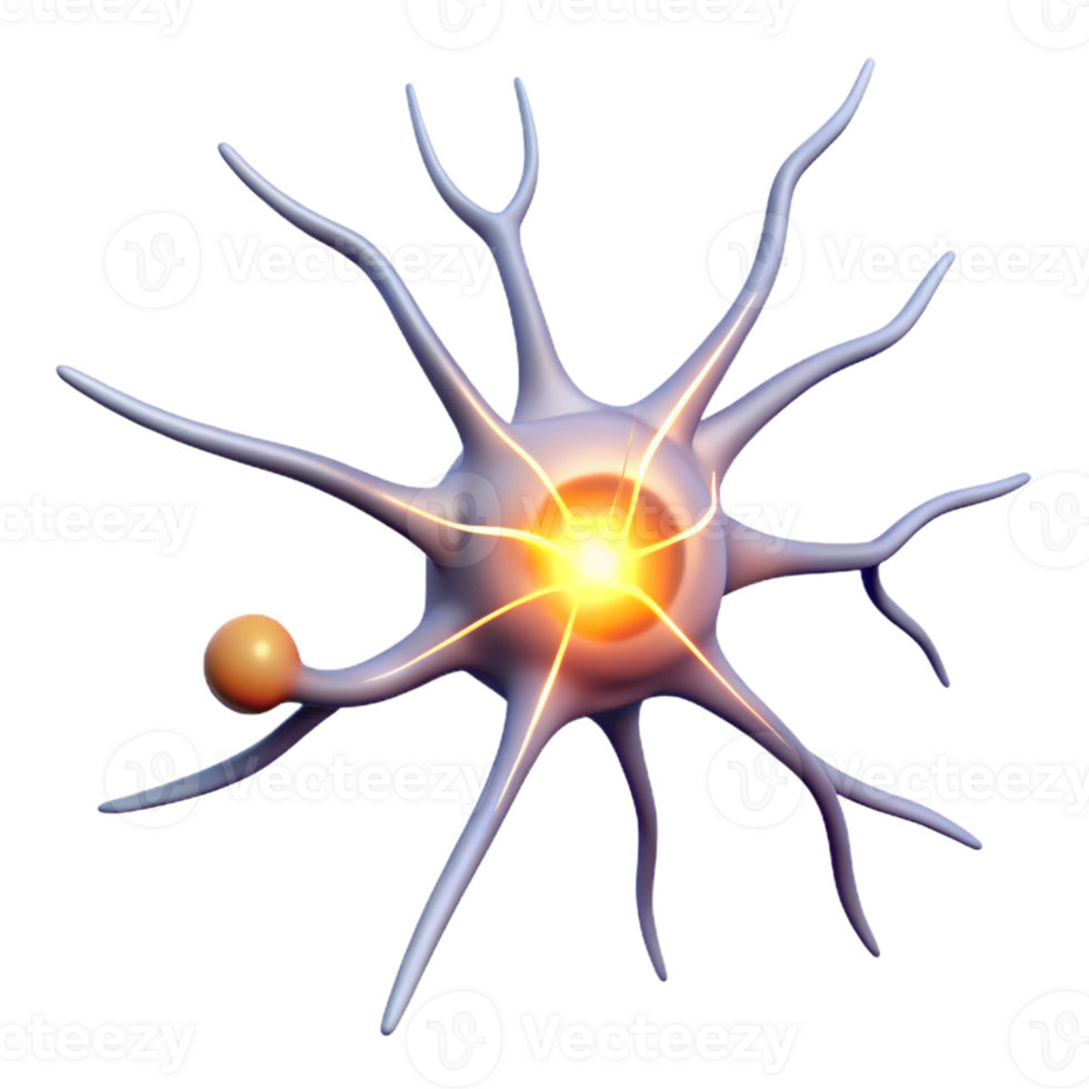 beautiful rustic A single, isolated neuron firing electrical impulses, bright white light, scientific illustration style high resolution png