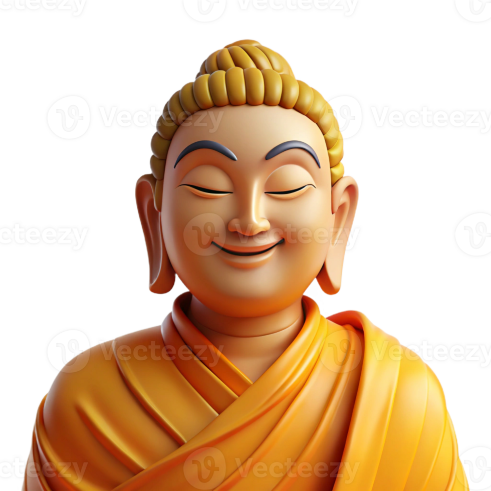 elegant creative Portrait of a serene Buddha with a peaceful expression, flowing robes, and a gentle smile, lit by golden light authentic png