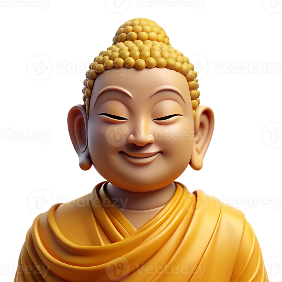 dramatic creative Portrait of a serene Buddha with a peaceful expression, flowing robes, and a gentle smile, lit by golden light professional png