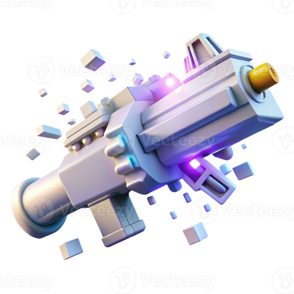 extraordinary artistic A futuristic weapon disintegrating into pixels, bright white light, glitch art style high resolution png