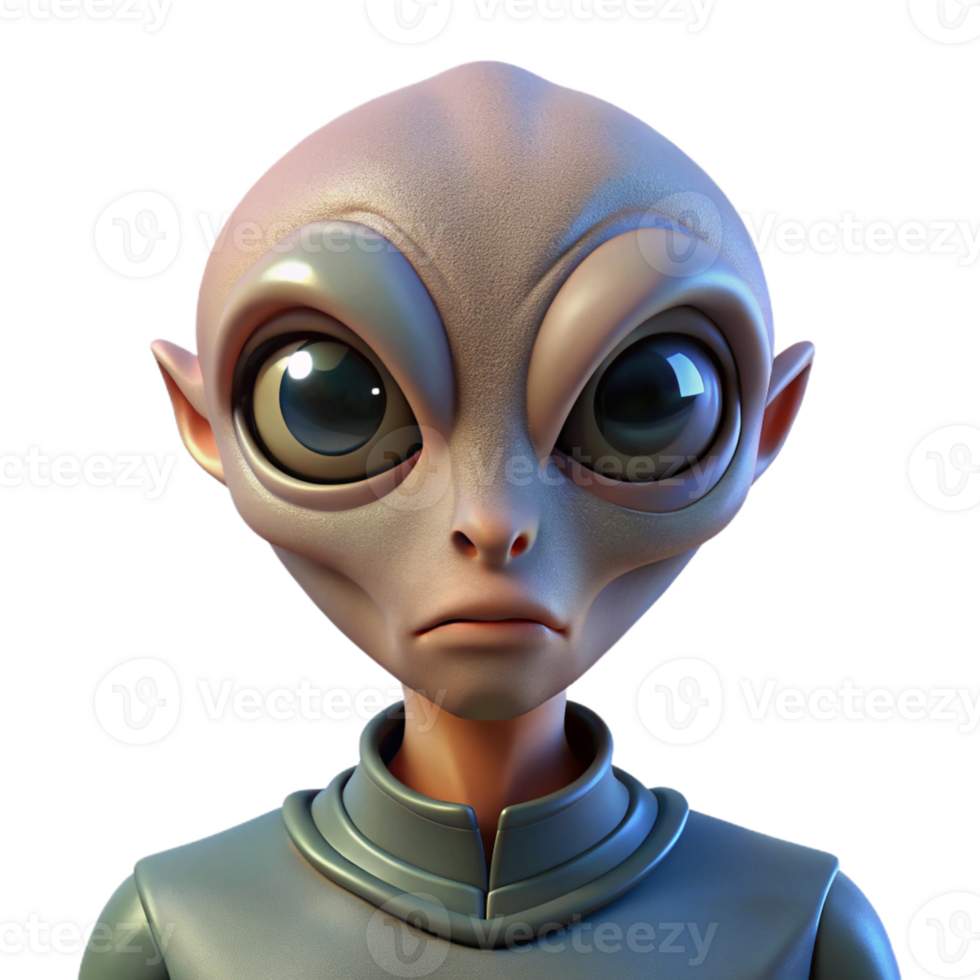 magnificent vintage Portrait of a curious alien with large eyes, unusual skin textures, and an inquisitive expression, lit by the glow of a spaceship high quality png