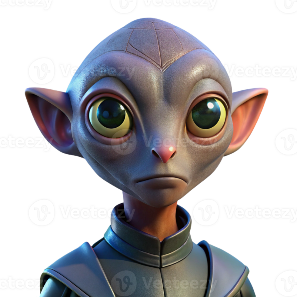 impressive minimalist Portrait of a curious alien with large eyes, unusual skin textures, and an inquisitive expression, lit by the glow of a spaceship 4K png