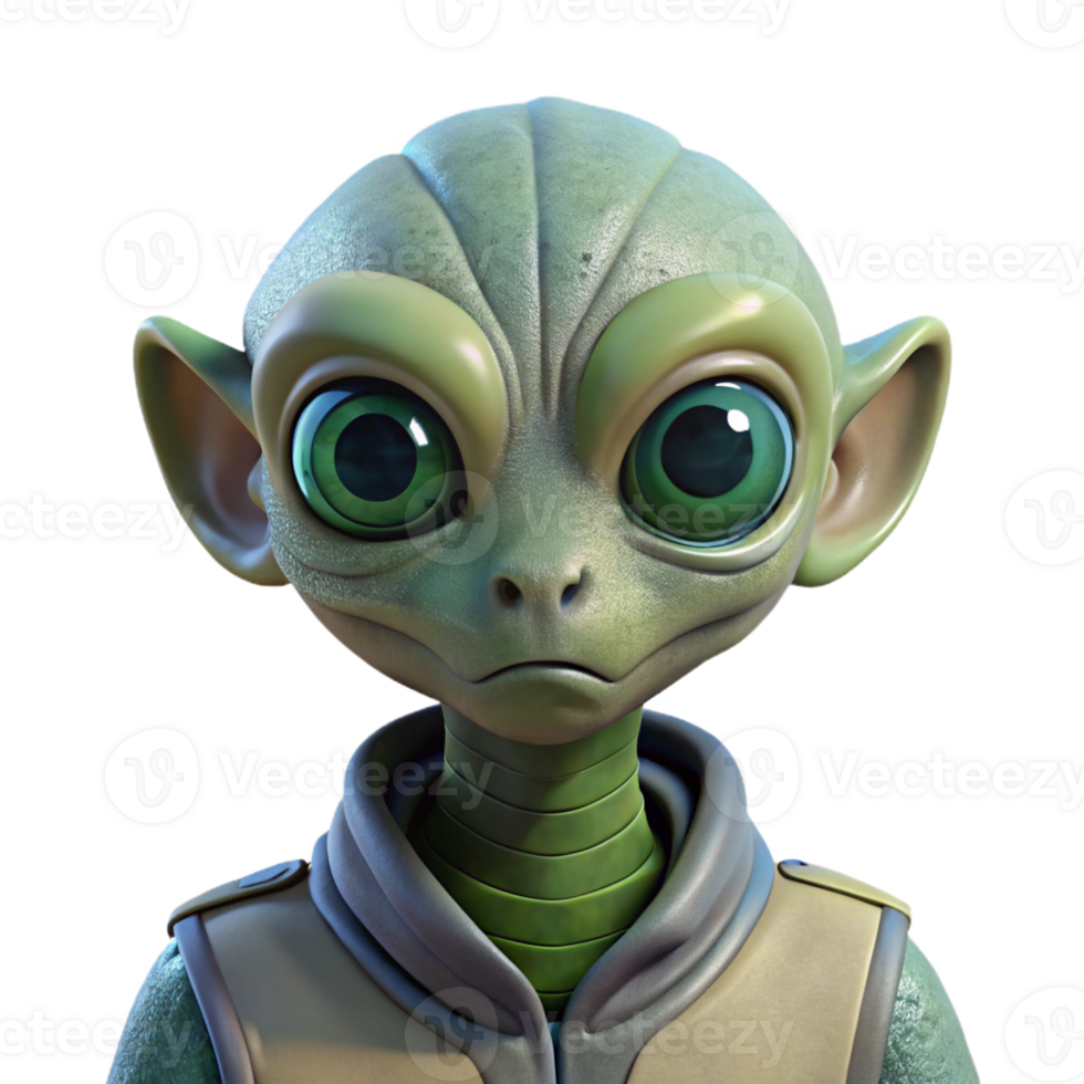 extraordinary artistic Portrait of a curious alien with large eyes, unusual skin textures, and an inquisitive expression, lit by the glow of a spaceship professional png