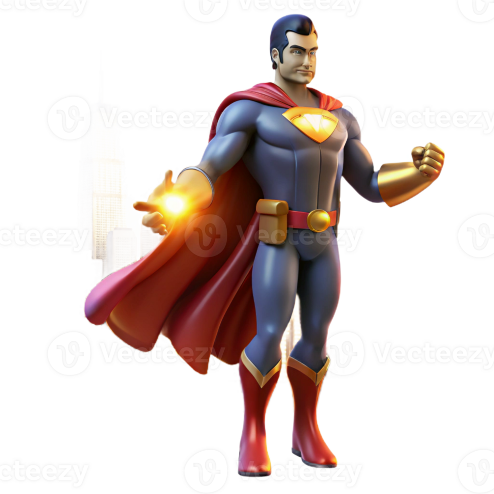 stunning modern Portrait of a powerful superhero with a flowing cape, a determined gaze, and glowing hands, lit by a city skyline premium png