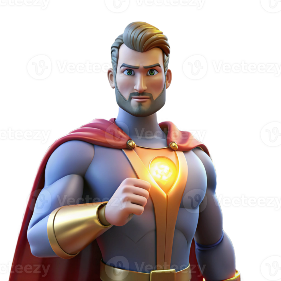 dramatic contemporary Portrait of a powerful superhero with a flowing cape, a determined gaze, and glowing hands, lit by a city skyline 4K png
