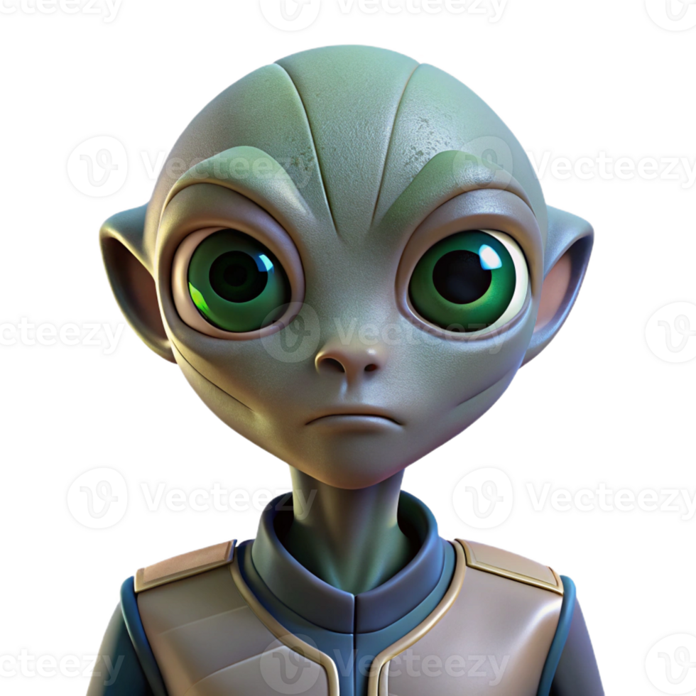 extraordinary contemporary Portrait of a curious alien with large eyes, unusual skin textures, and an inquisitive expression, lit by the glow of a spaceship genuine png