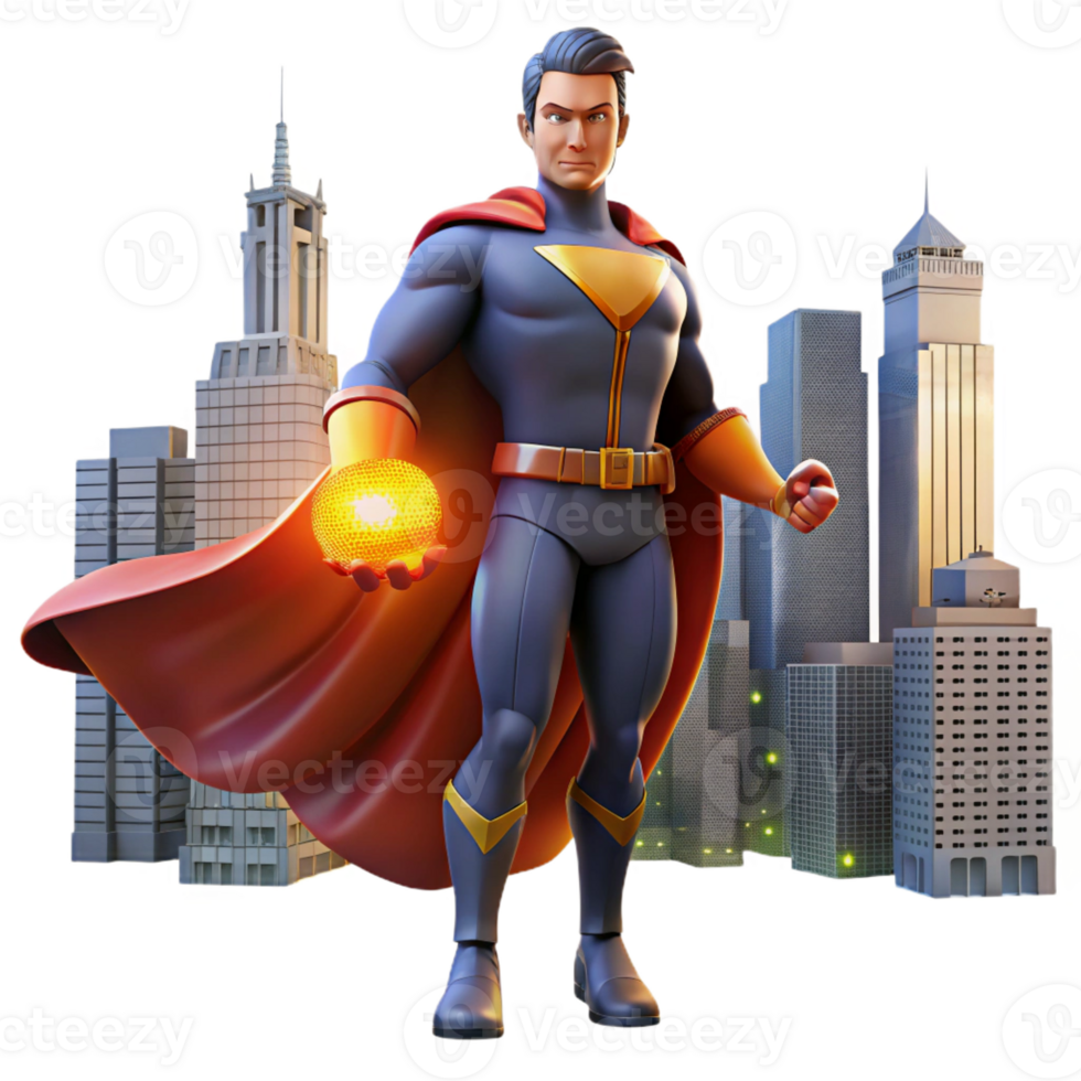 dramatic modern Portrait of a powerful superhero with a flowing cape, a determined gaze, and glowing hands, lit by a city skyline detailed png