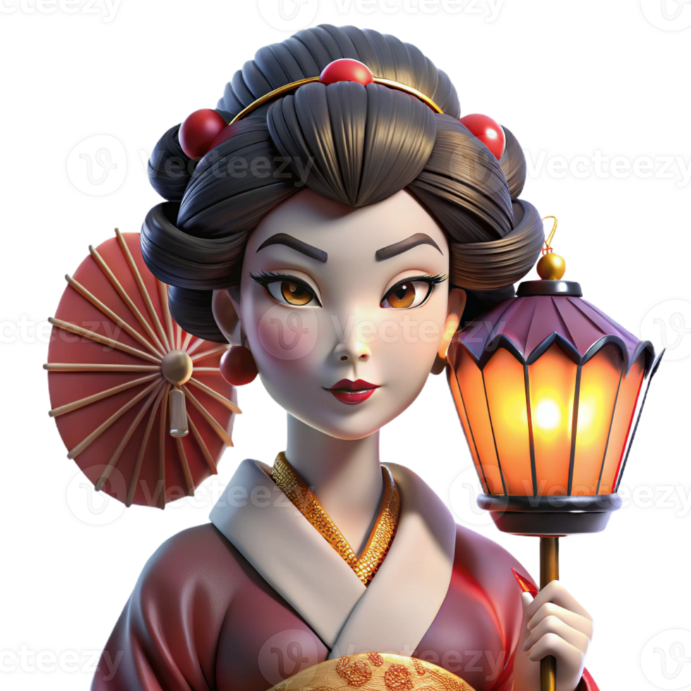 dramatic creative Portrait of a graceful geisha with elaborate makeup, a silk kimono, and a fan, lit by soft lanterns premium png