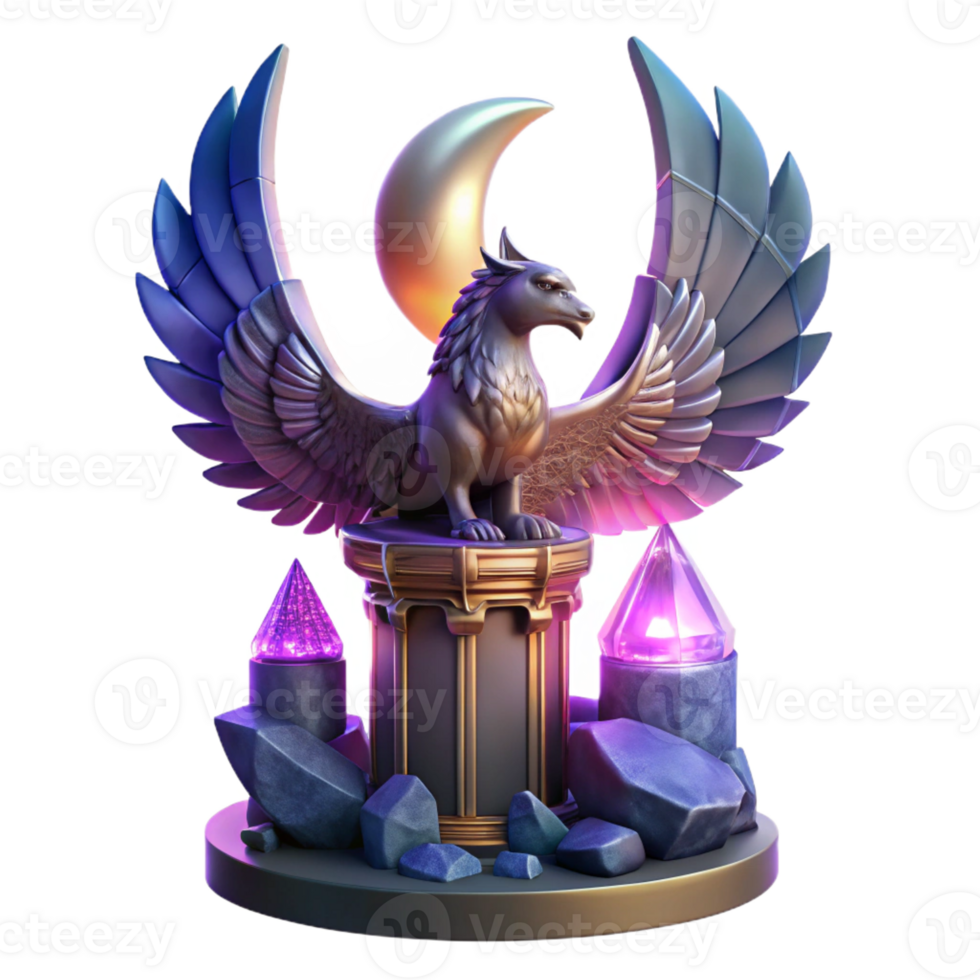 elegant abstract A majestic griffin perched atop a crumbling obsidian tower, bathed in the ethereal glow of a triple moon, feathers shimmering with iridescent hues. Art Deco style detailed png