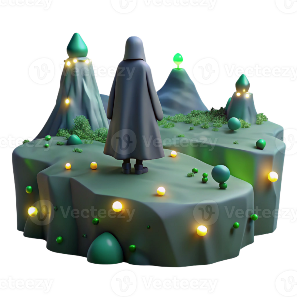 beautiful traditional A lone, cloaked figure standing on a precipice overlooking a valley filled with bioluminescent flora, lit by the soft glow of fireflies. Painterly style detailed png
