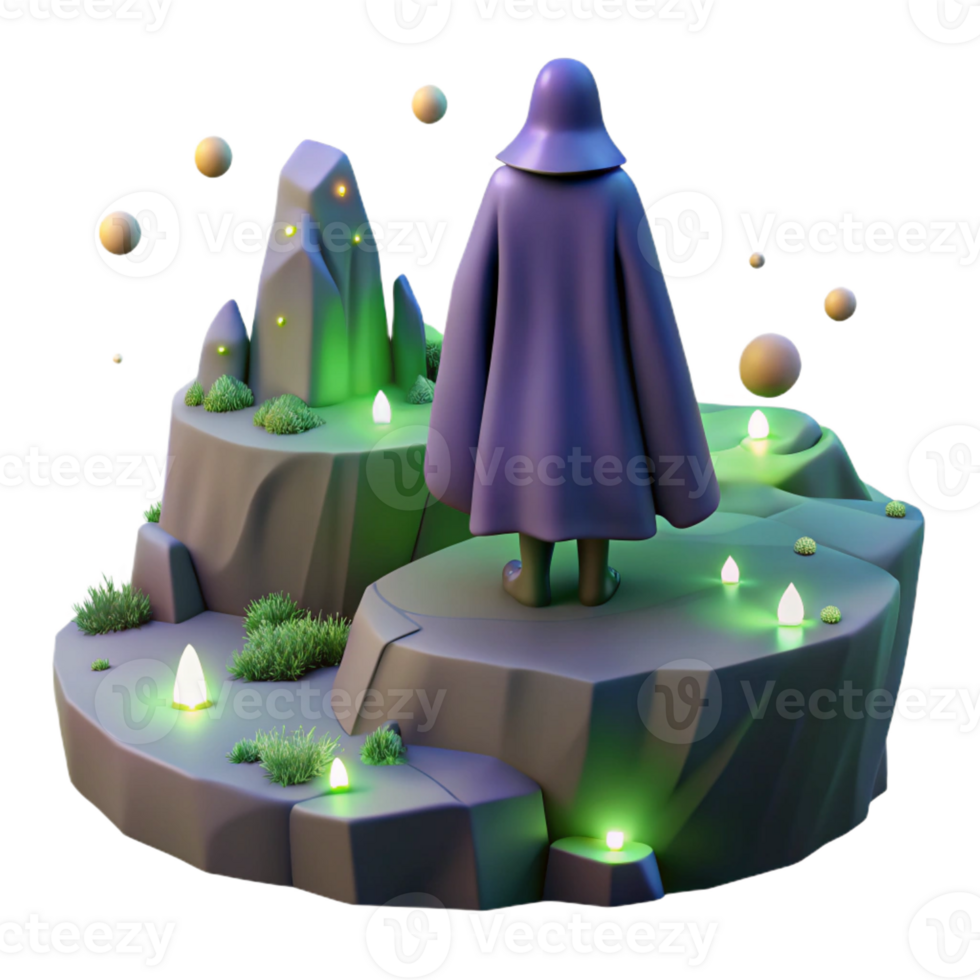 elegant contemporary A lone, cloaked figure standing on a precipice overlooking a valley filled with bioluminescent flora, lit by the soft glow of fireflies. Painterly style 4K png