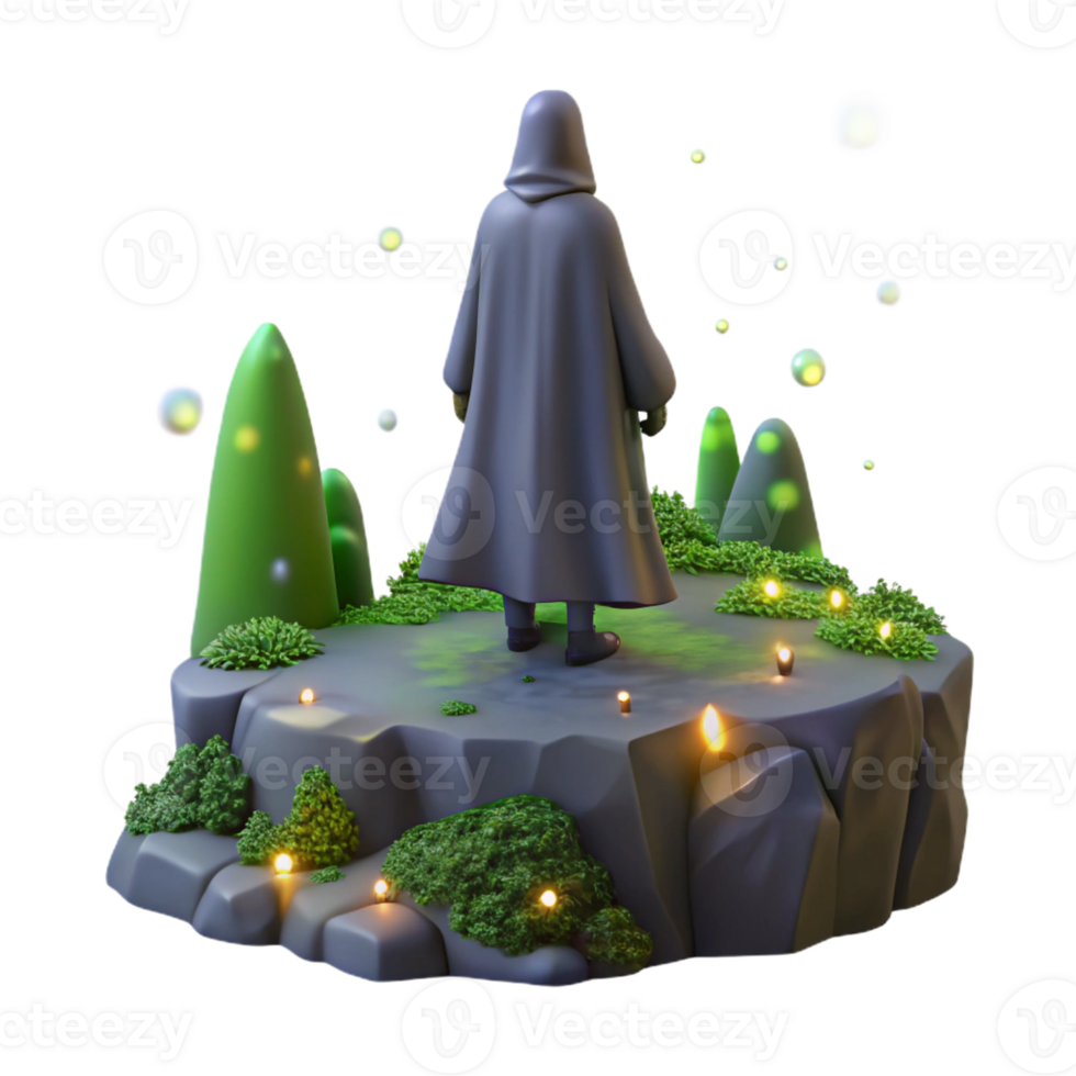 dramatic vintage A lone, cloaked figure standing on a precipice overlooking a valley filled with bioluminescent flora, lit by the soft glow of fireflies. Painterly style 4K png
