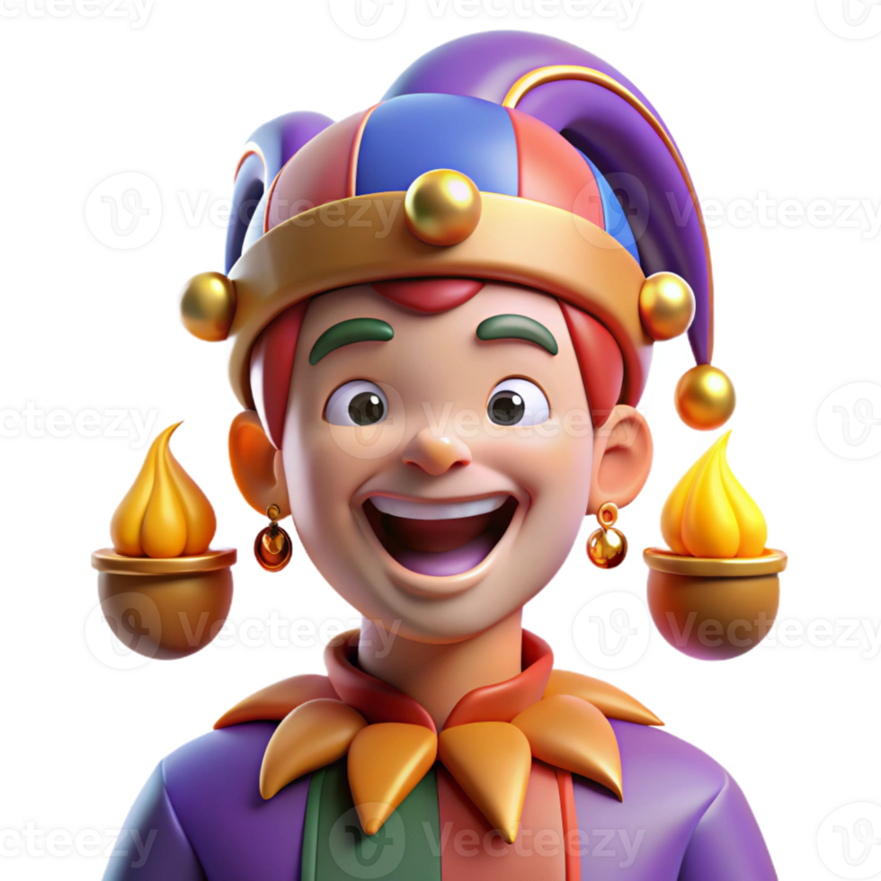 elegant minimalist Portrait of a mischievous jester with colorful clothes, bells, and a playful grin, lit by torches in a medieval castle 4K png