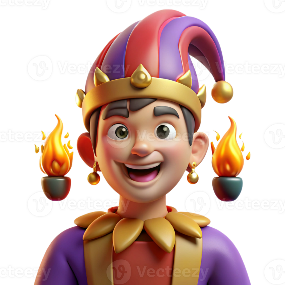 vibrant minimalist Portrait of a mischievous jester with colorful clothes, bells, and a playful grin, lit by torches in a medieval castle premium png