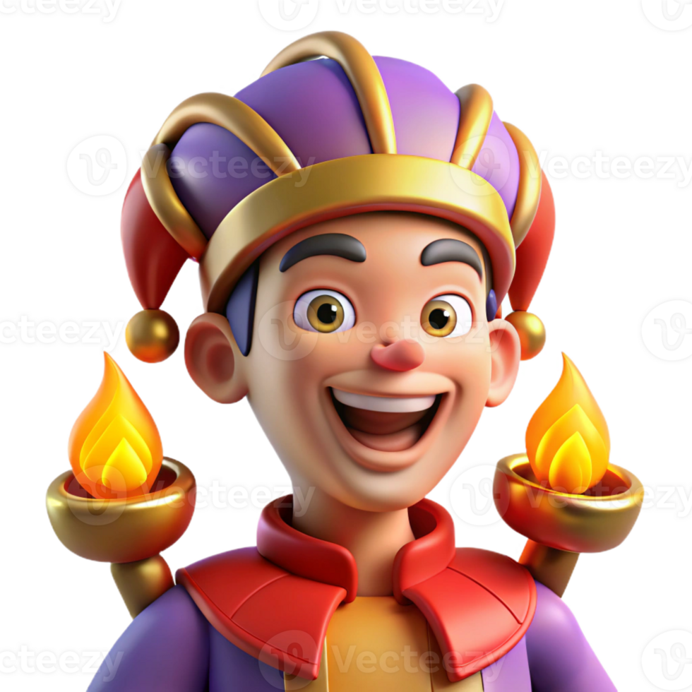 dramatic artistic Portrait of a mischievous jester with colorful clothes, bells, and a playful grin, lit by torches in a medieval castle original png