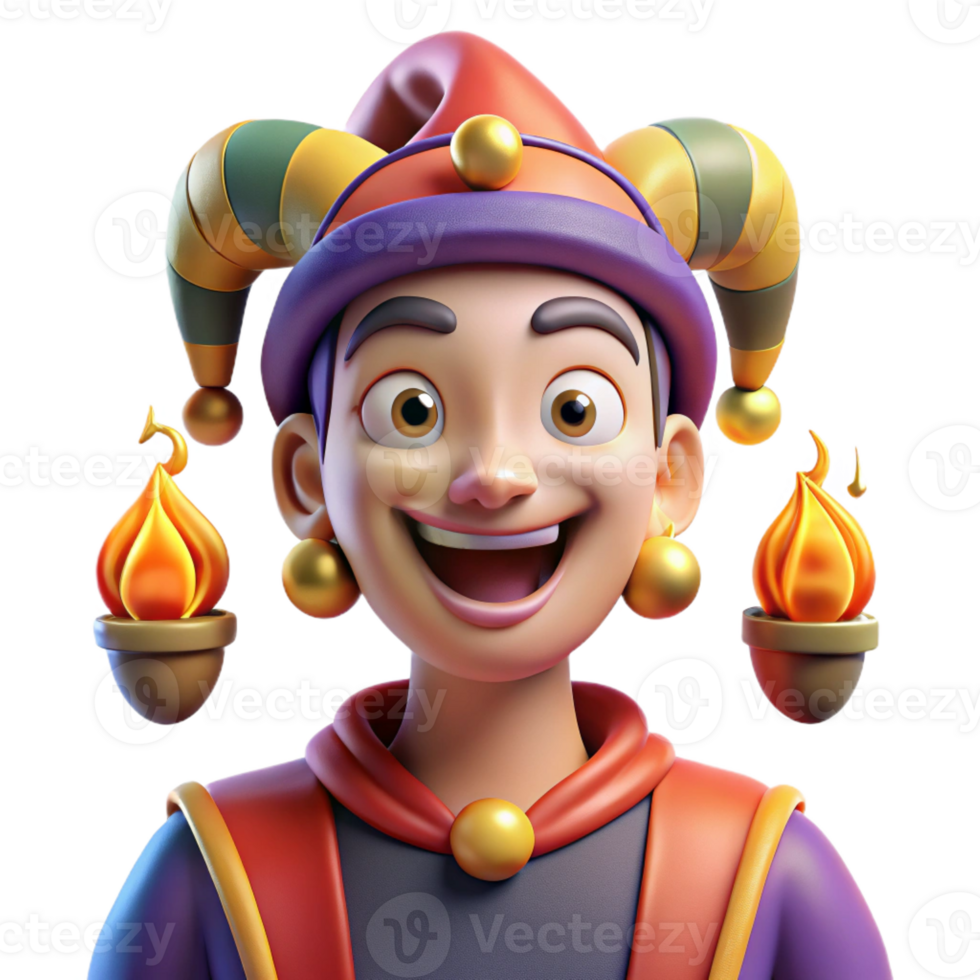serene modern Portrait of a mischievous jester with colorful clothes, bells, and a playful grin, lit by torches in a medieval castle 4K png