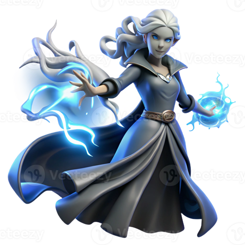 serene minimalist A powerful sorceress with flowing silver hair casting a spell, surrounded by swirling arcane energy, illuminated by crackling blue lightning. Art Nouveau style premium png