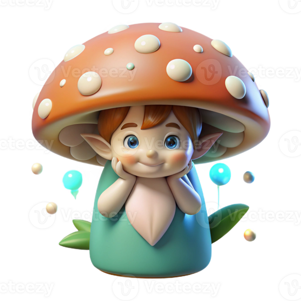 wonderful abstract A mischievous pixie peering out from behind a giant, luminous mushroom, surrounded by sparkling dew drops. Cartoon style genuine png