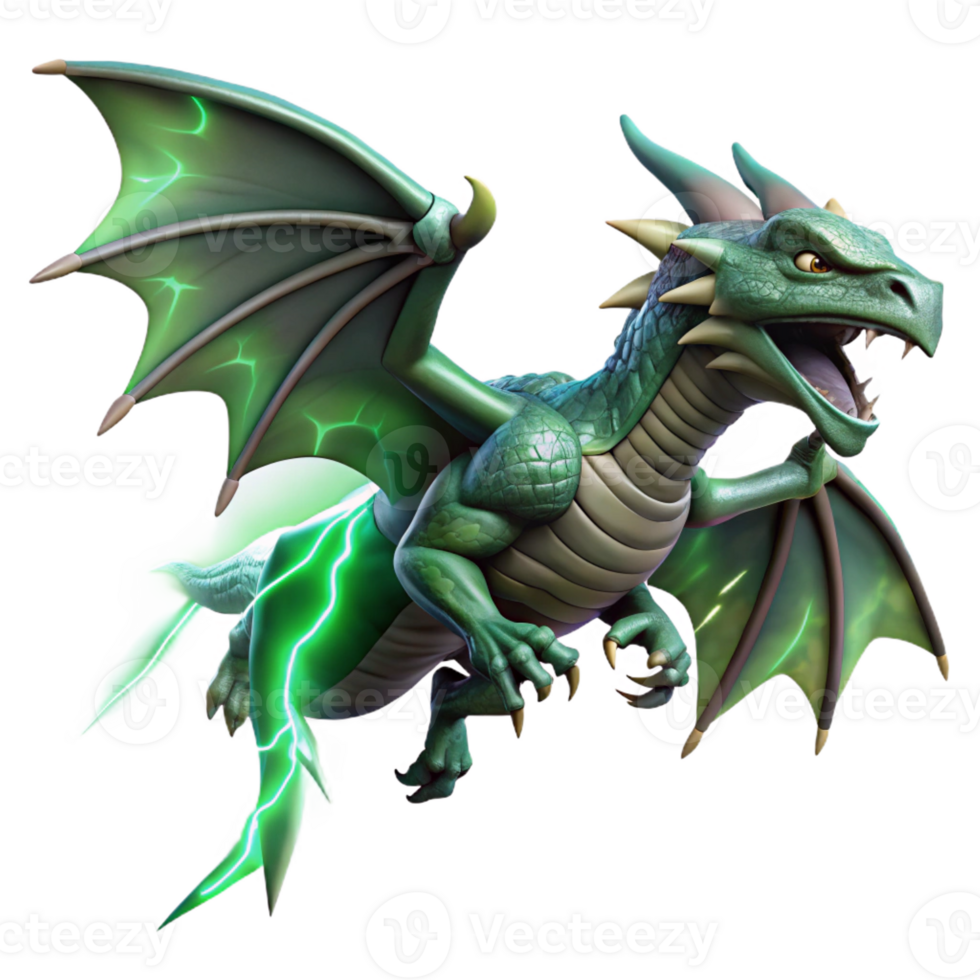 dramatic creative A fierce dragon with emerald scales soaring through a storm-ridden sky, illuminated by flashes of lightning. Greg Rutkowski style high resolution png