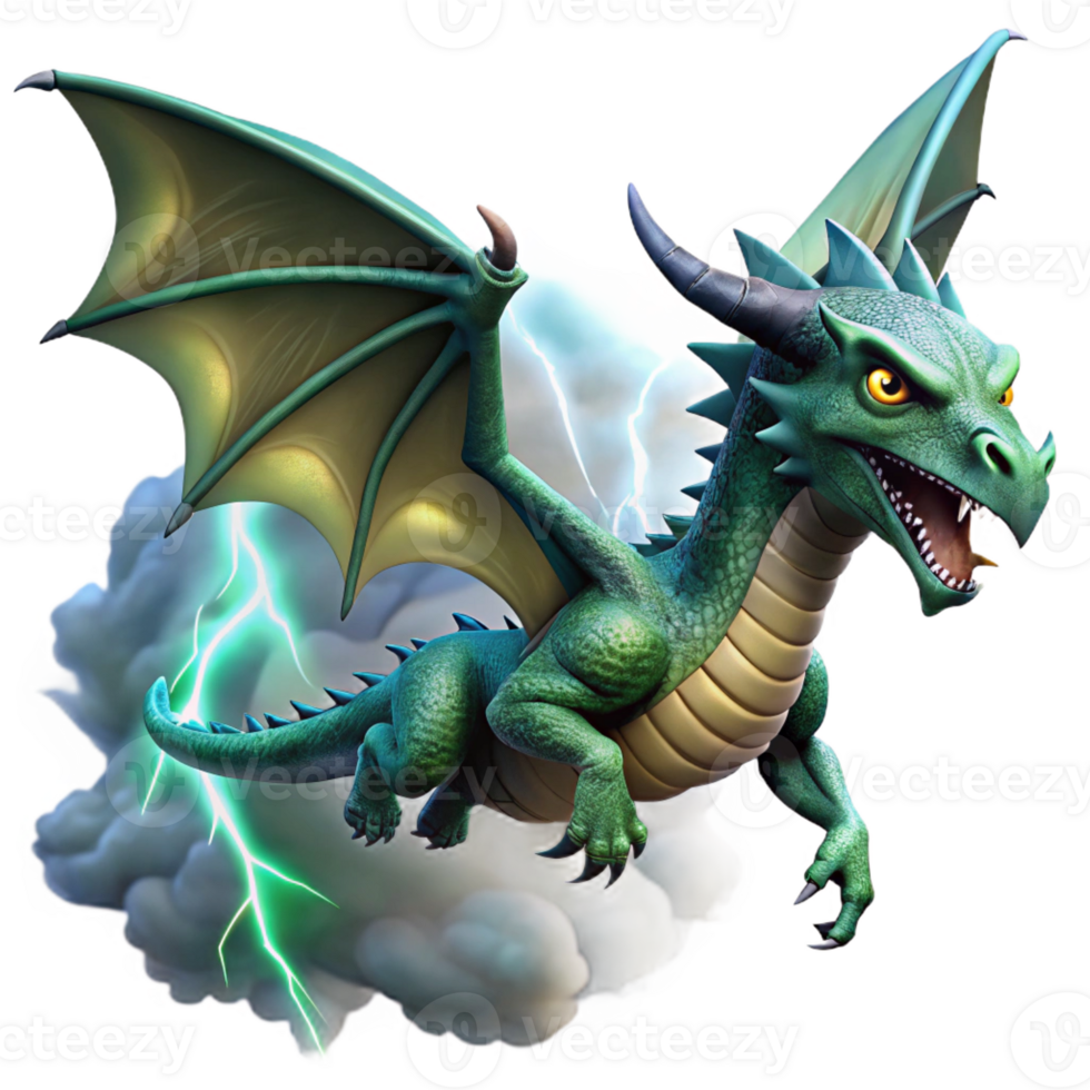 wonderful traditional A fierce dragon with emerald scales soaring through a storm-ridden sky, illuminated by flashes of lightning. Greg Rutkowski style detailed png