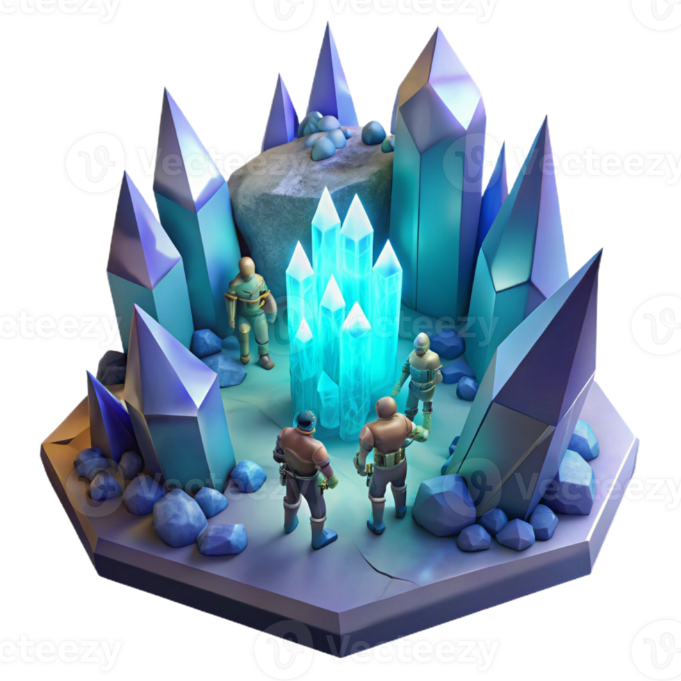impressive contemporary A group of adventurers exploring a crystal cave, lit by the soft glow of the crystals. Detailed, fantasy art style authentic png
