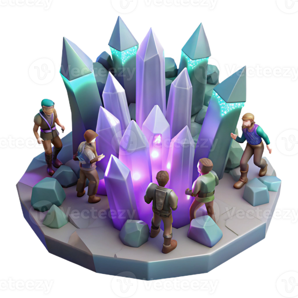 stunning minimalist A group of adventurers exploring a crystal cave, lit by the soft glow of the crystals. Detailed, fantasy art style professional png