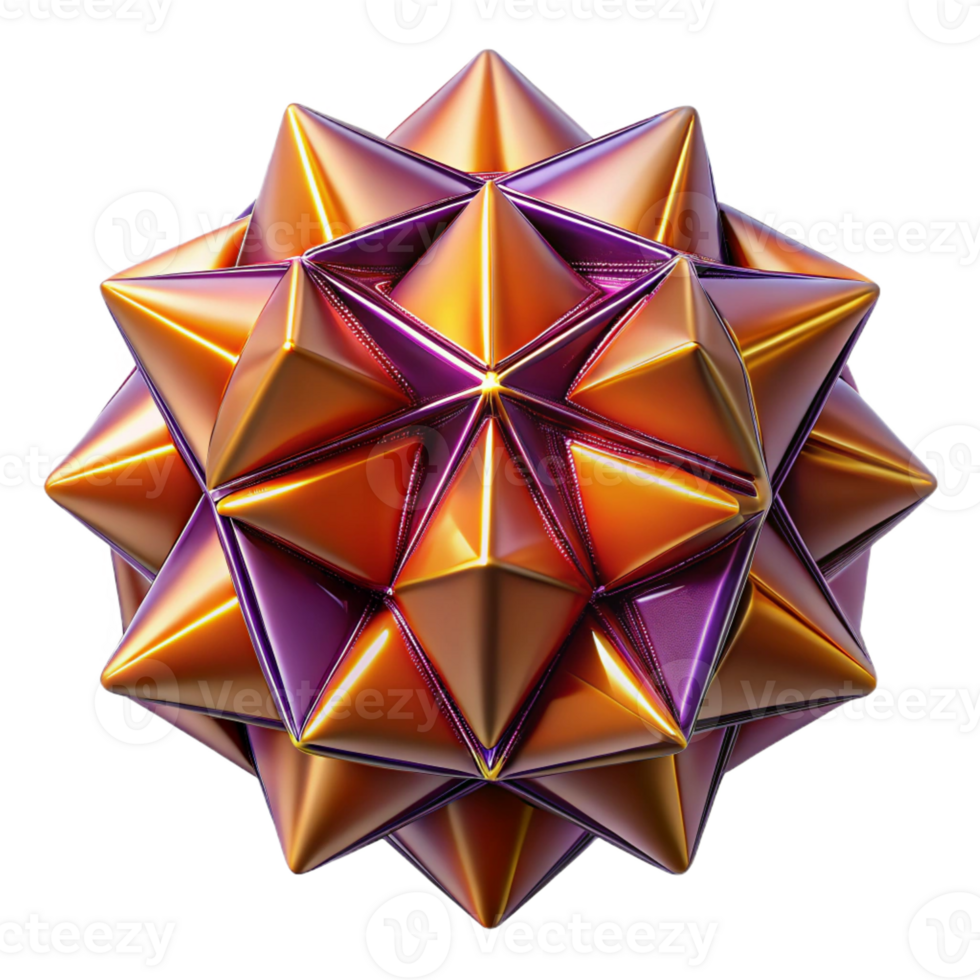 vibrant artistic A kaleidoscope of tessellated triangles in deep purples and oranges, with a metallic sheen, lit by a single, focused spotlight high resolution png