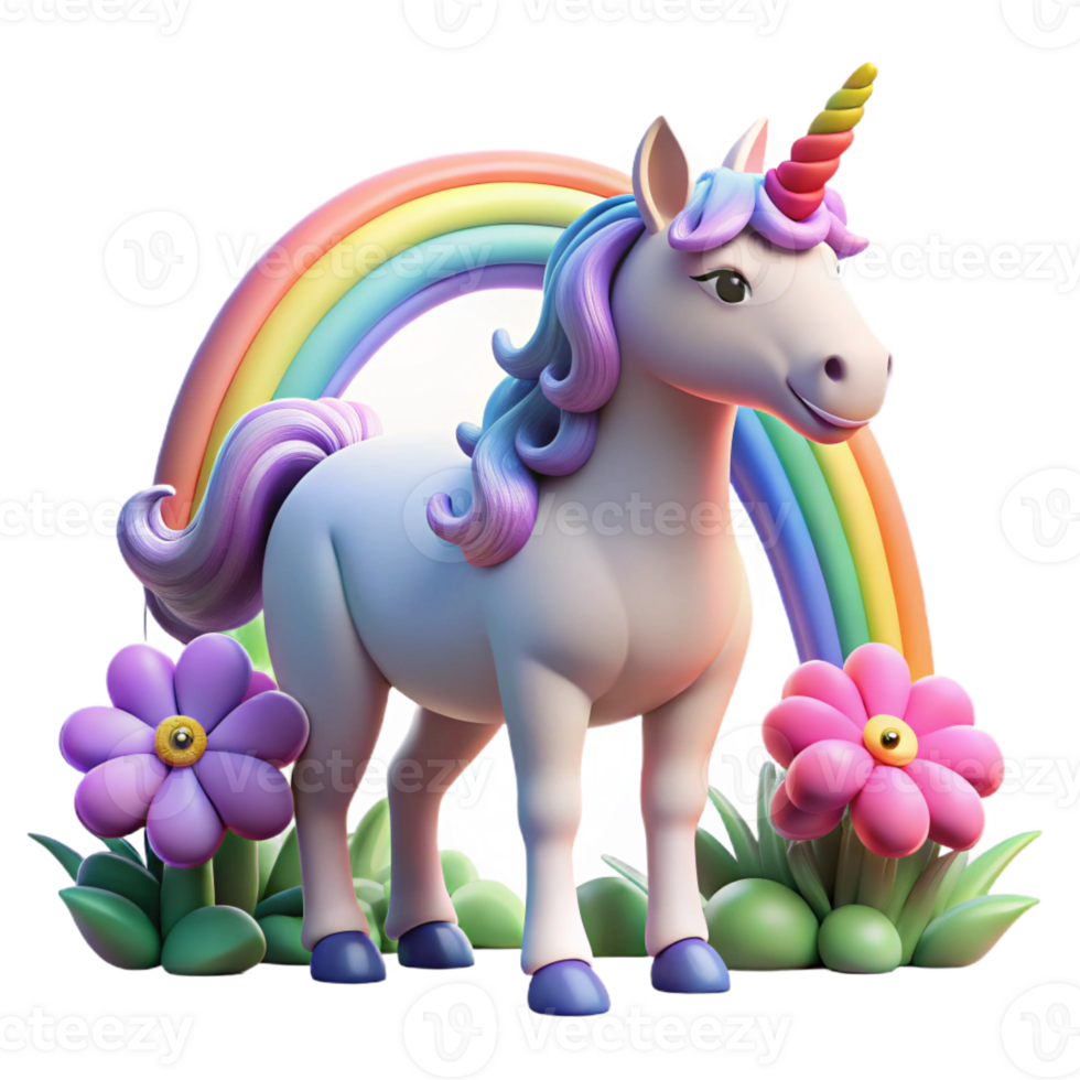 wonderful contemporary A majestic unicorn with a rainbow mane grazing in a field of ethereal flowers, illuminated by a vibrant rainbow. Surreal style exclusive png