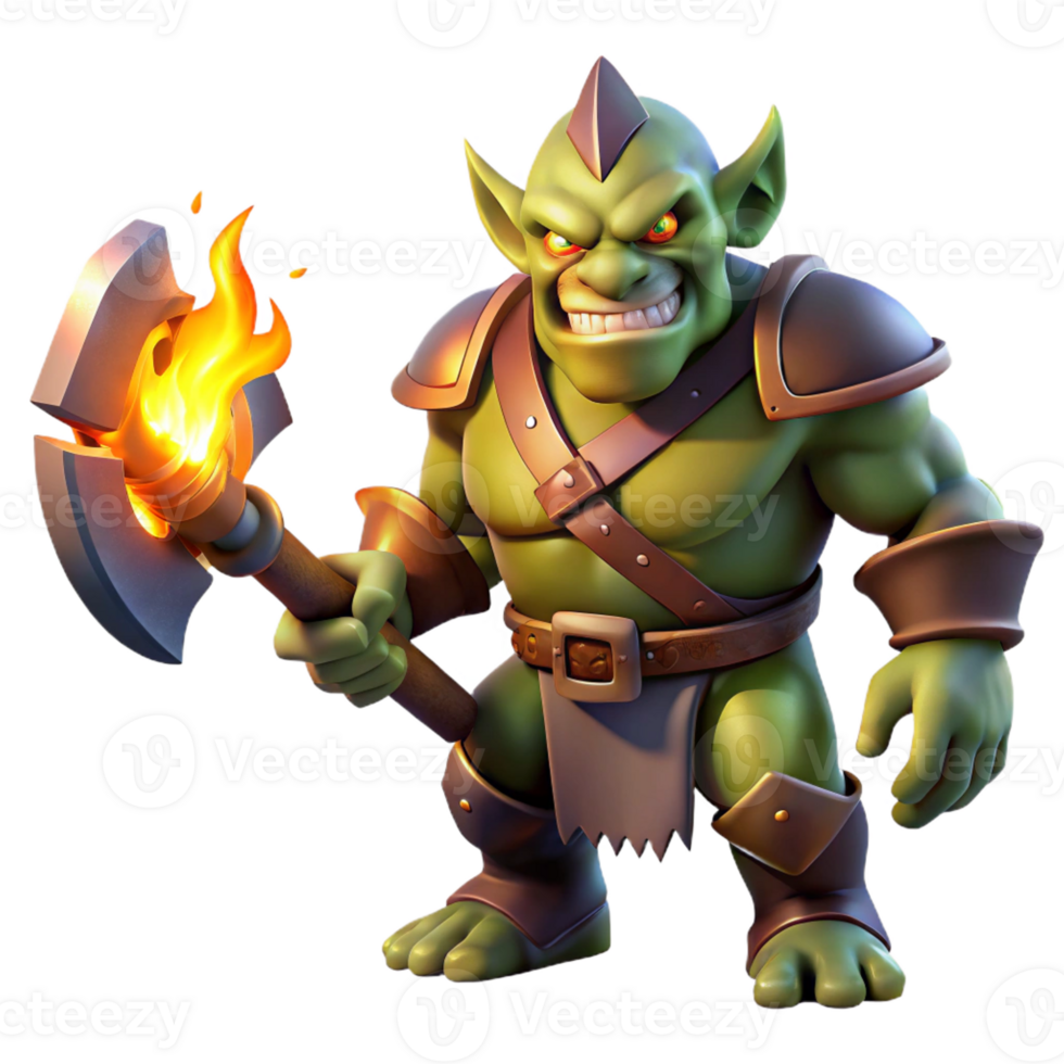 dramatic rustic A fearsome orc chieftain wielding a glowing axe, illuminated by the flickering light of a bonfire. Dark fantasy style professional png
