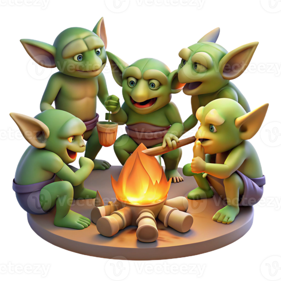 dramatic creative A group of goblins feasting around a crackling fire in a dark cave, illuminated by the firelight. Cartoonish style genuine png