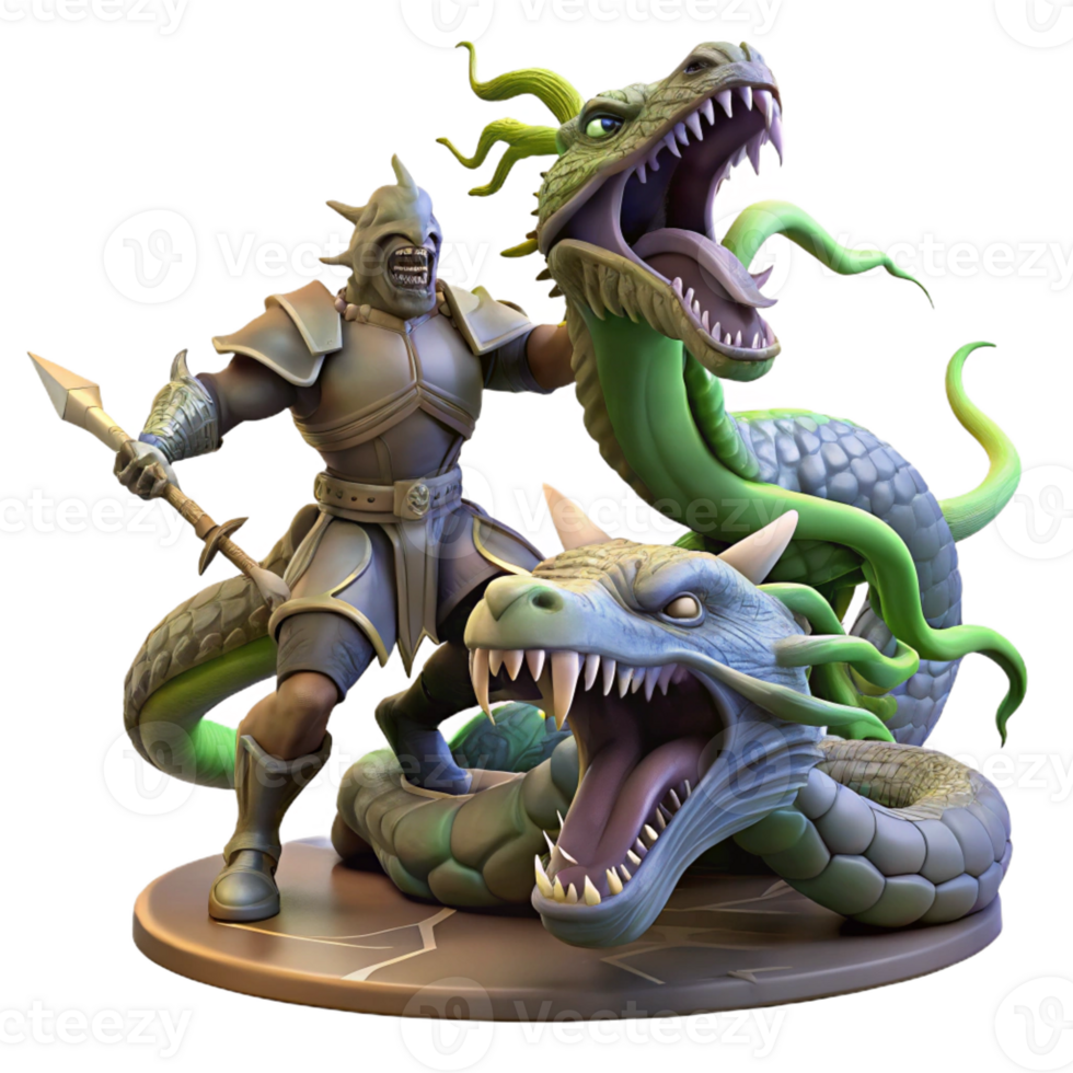 stunning creative A courageous knight battling a monstrous hydra in a swamp, illuminated by flashes of lightning. Baroque style exclusive png