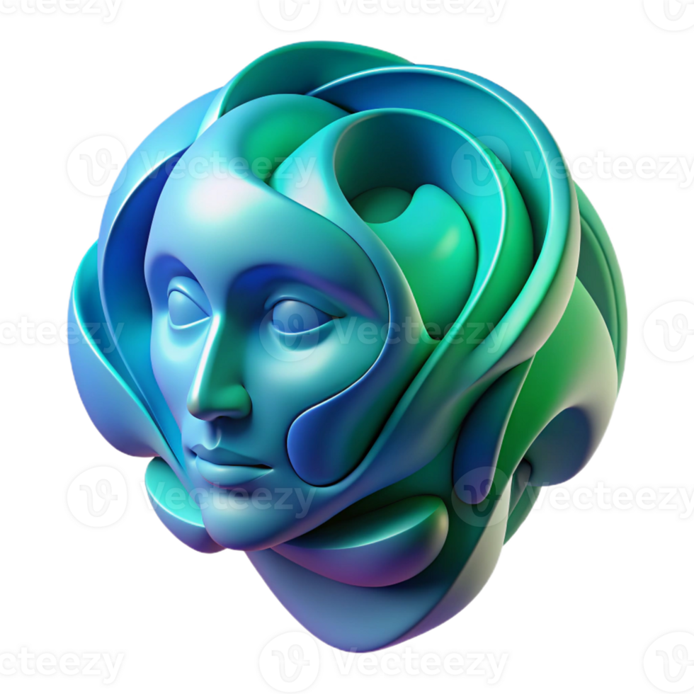 elegant rustic An abstract representation of a human face, composed of swirling lines and geometric shapes, in shades of blue and green, under a soft, ambient lighting authentic png