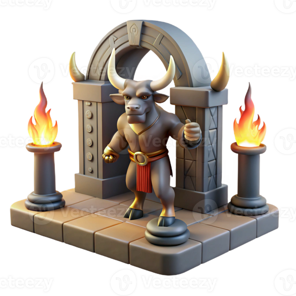 elegant classic A fearsome minotaur guarding the entrance to a labyrinth, lit by torches. Greek mythology style genuine png