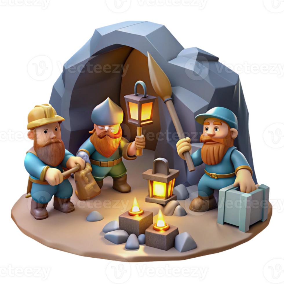 wonderful creative A group of dwarves mining for gems in a dark cave, lit by lanterns. Steampunk style professional png