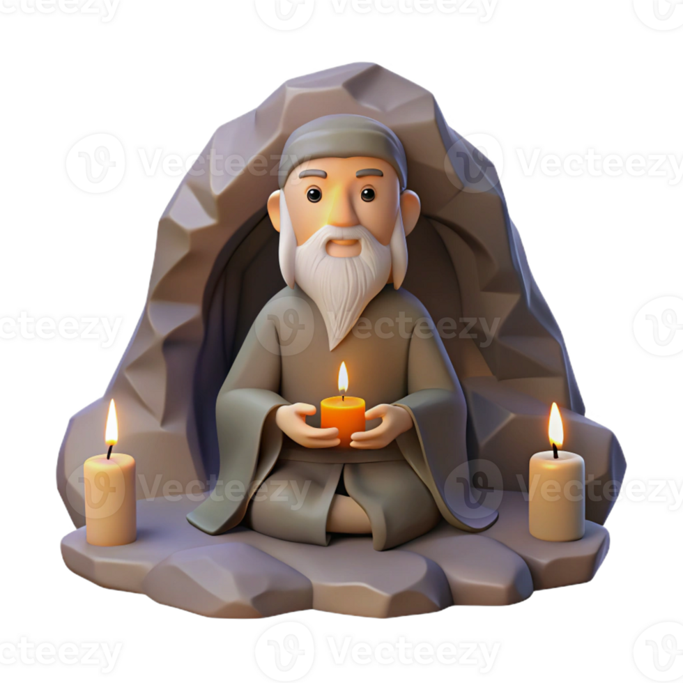 extraordinary contemporary A wise old hermit meditating in a cave, lit by a single candle. Zen style detailed png