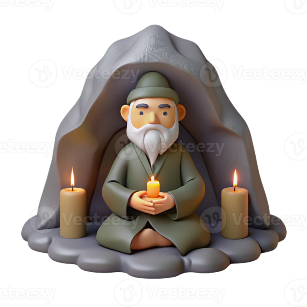 magnificent traditional A wise old hermit meditating in a cave, lit by a single candle. Zen style detailed png