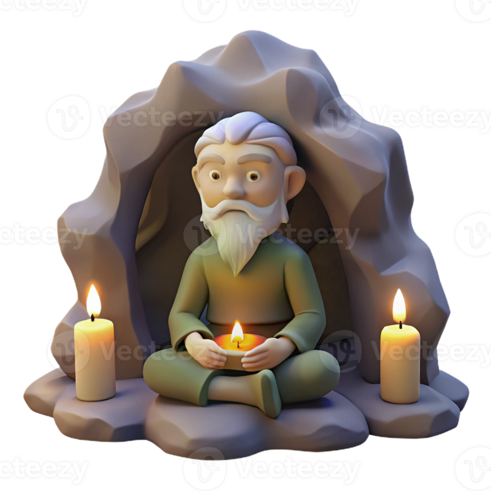 elegant minimalist A wise old hermit meditating in a cave, lit by a single candle. Zen style premium png